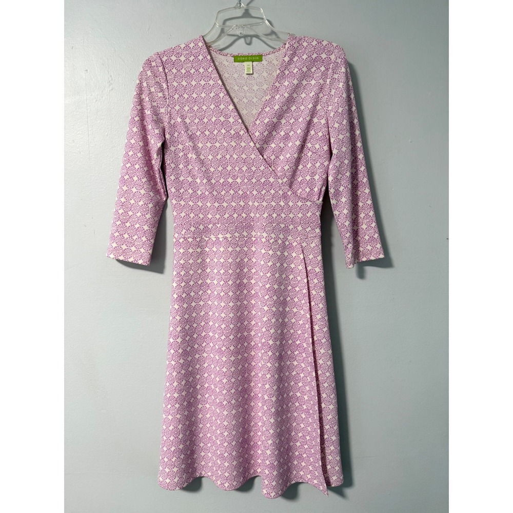Sigrid‎ Olsen Womens Purple White Geometric Faux Wrap V-Neck Dress XS 3/4 Sleeve
